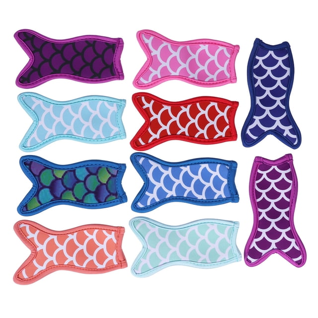 10pcs Reusable Mermaid Tail Popsicle Holders Bags Freezing Insulation Ice Sleeves with Stitched Edges for Kids (Mixed Color)