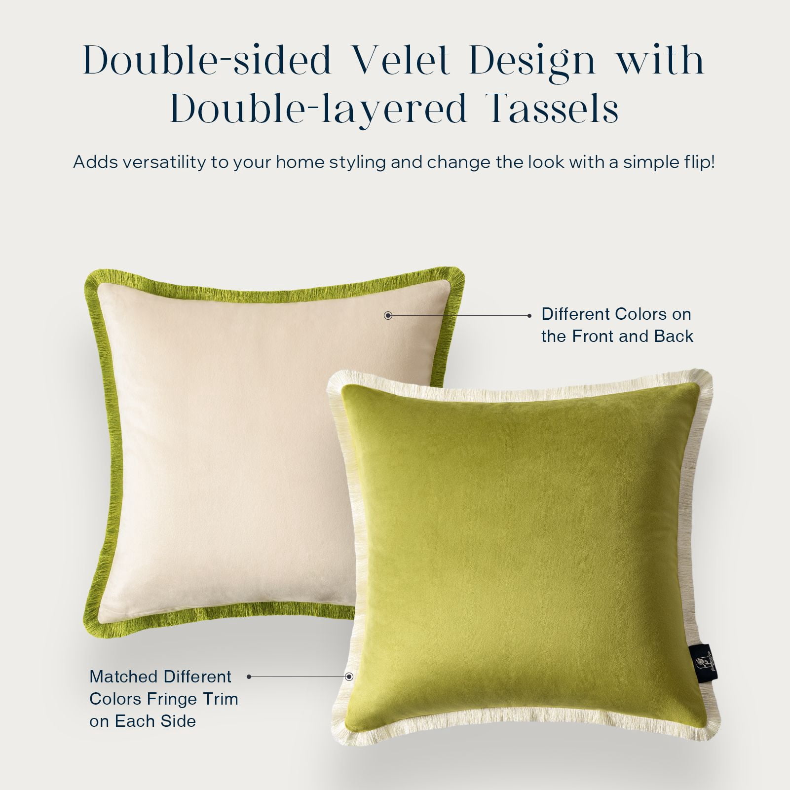 Phantoscope Velvet Decorative Throw Pillows with Inserts, Double-Sided Two-Tone Tassel Trim, 18 x 18 in, Light Green, 2 Pack