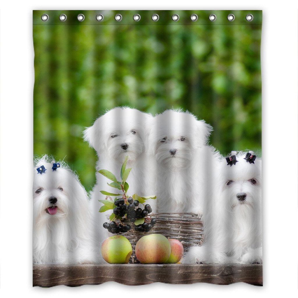 GreenDecor Maltese Dogs And Apples Waterproof Shower Curtain Set with