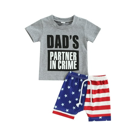 

Canis Toddler Baby Boys Summer Outfits Short Sleeve Letter Print T-shirt + National Flag Print Drawstring Shorts
