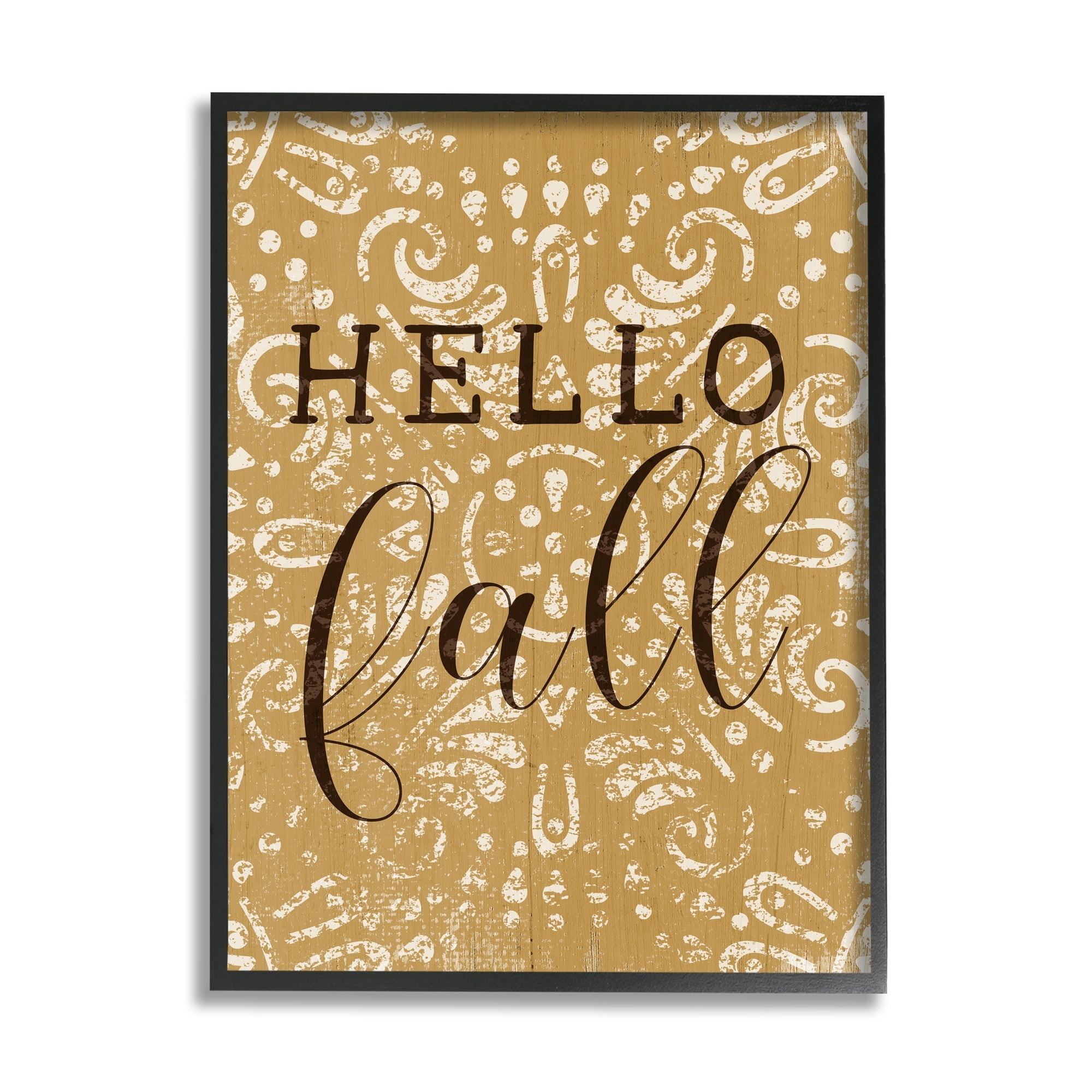 Stupell Industries Hello Fall Greeting Vintage Yellow Fractal Pattern Graphic Art Gray Framed Art Print Wall Art, 11x14, by Daphne Polselli