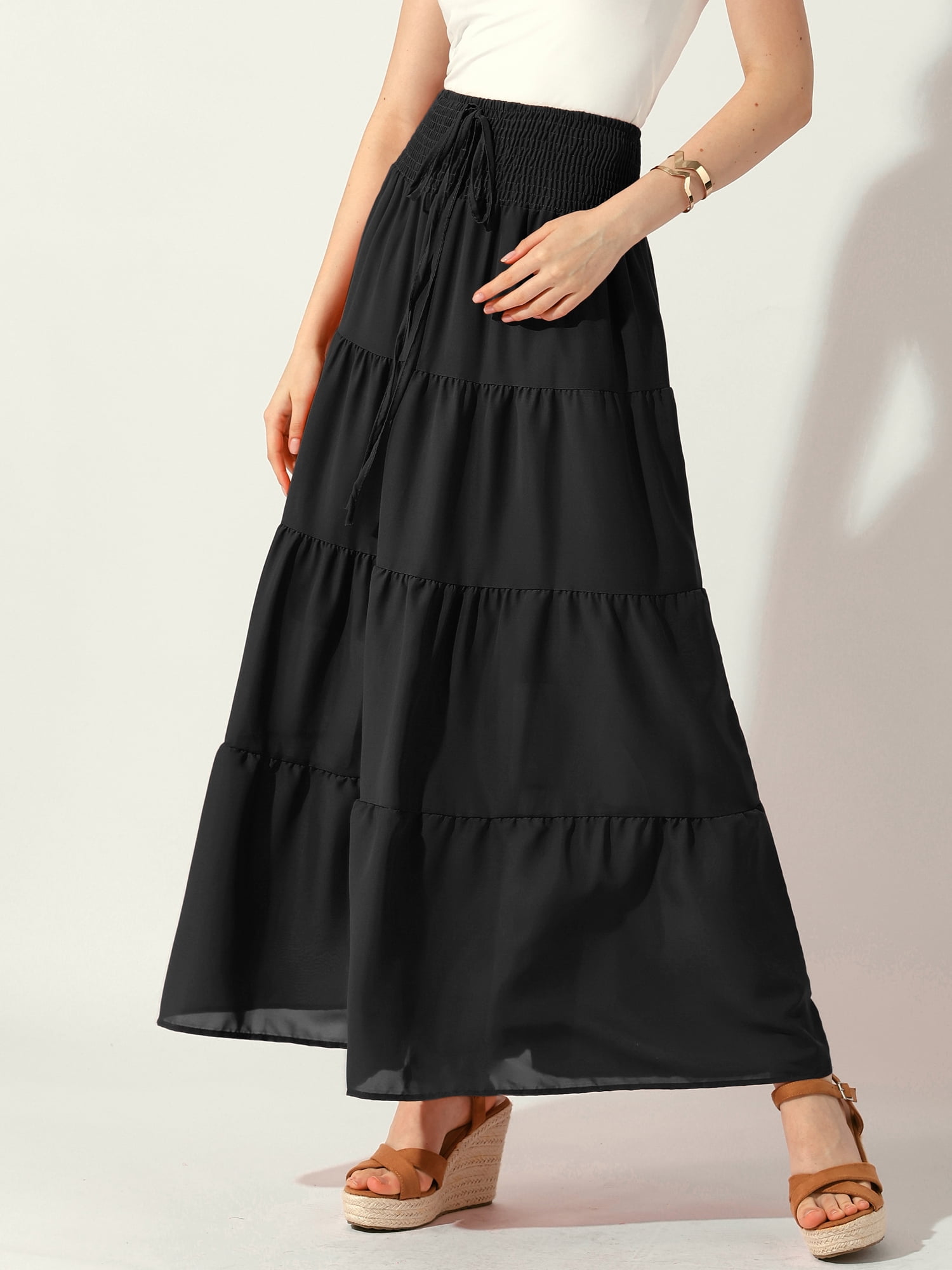 DARING DIVA Women Elastic Waist Tiered Smocked Flowy Maxi Skirt L Black
