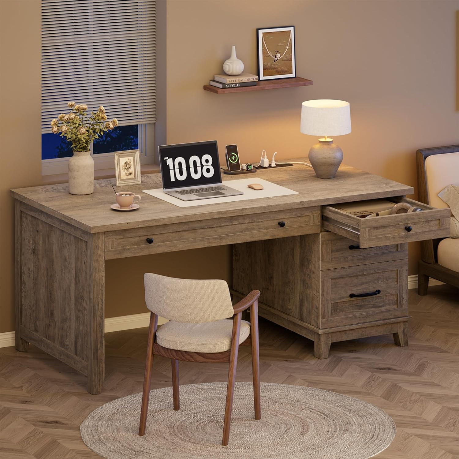 Farmhouse Office Desk with File Drawer, 53.5" Wooden Computer Desk, Executive Computer Desk Workspace for Home