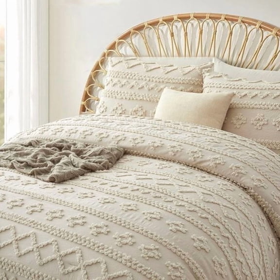 QuanTara 3-Piece Tufted Duvet Cover Set King Size, Beige Boho Geometric Bedding Set, Soft Microfiber Comforter Cover with Embroidery, A/B Side Reversible Design, 90"x104"