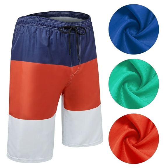 Mens Swim Trunks Summer Swimsuit Beach Board Quick Dry Colorblock Shorts Elastic Waist Drawstring, Red, S