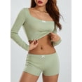 thumbnail image 4 of Biekopu Women Pajama Set, Long Sleeve Bow Crop Top with Low Waist Shorts Sleepwear Loungewear, 4 of 9