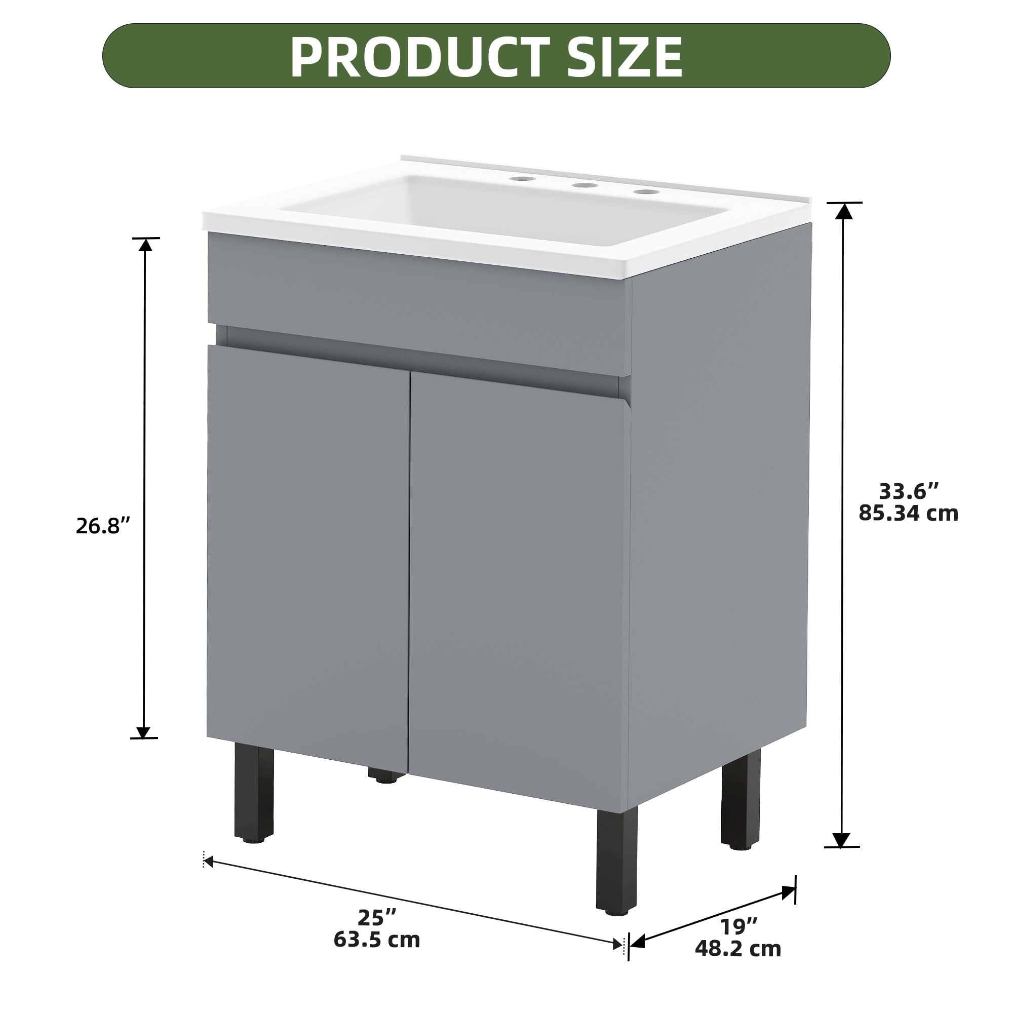 Uforic 24.9" Bathroom Vanity with Top Sink, Modern Free Standing Bathroom Storage Cabinet with Soft Close Door, Gray