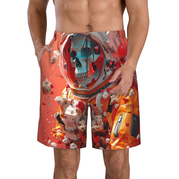 Balery Space Skeleton Art Traje de Baño Estilo Hawaiano para Hombre, Shorts de Secado Rápido con Bolsillos-3X-Large