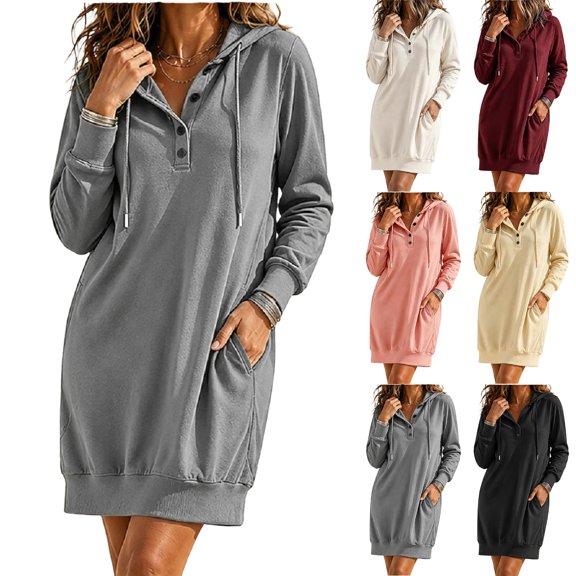Stralyhd Oversized Hoodie Dress for Women Long Sleeve Henley Neck Hooded Pullover Fall Winter Comfy Casual Sweatshirts Mini Dress Gray S