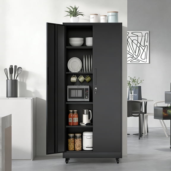 71 Inch Heavy Duty Rolling Metal Storage Cabinet with Wheels & 3-Point Lock 4 Adjustable Shelves Black Powder Coated Garage Cabinet (180 lb Each) for Tool Organization in Garage, Workshop, Office