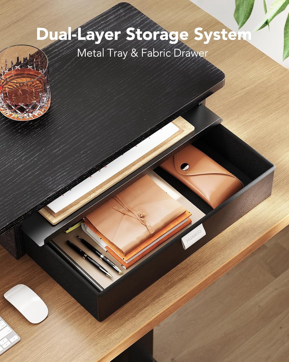 Large Dual Monitor Stand with Drawer - Wood Grain Riser for 2 Monitors up to 55", Storage & Cable Management, Ergonomic Desktop Organizer for Home Office