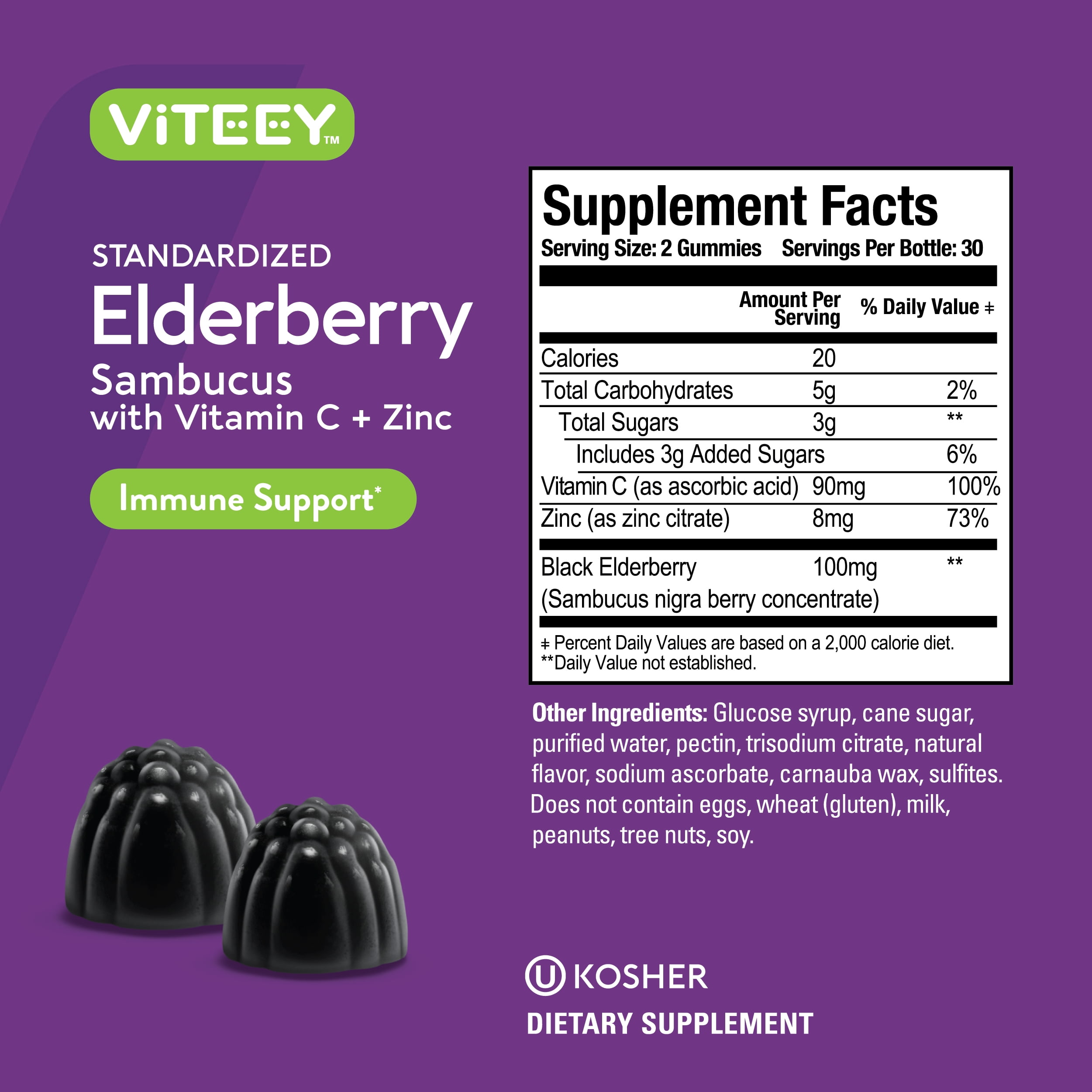 VITEEY Elderberry Gummies with Vitamin C and Zinc, Immune Support, Berry Flavor, 60 Count, 2 Pack