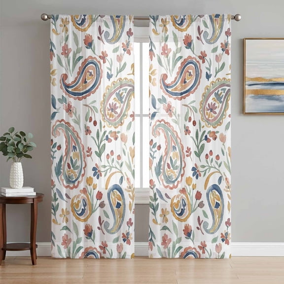 Sheer Curtains 63 Inch Length 2 Panels Set for Bedroom, Paisley Flower Semi Sheer Curtains for Windows, Spring Watercolor Country Floral Leaf Plant Voile Window Treatments Rod Pocket Curtain