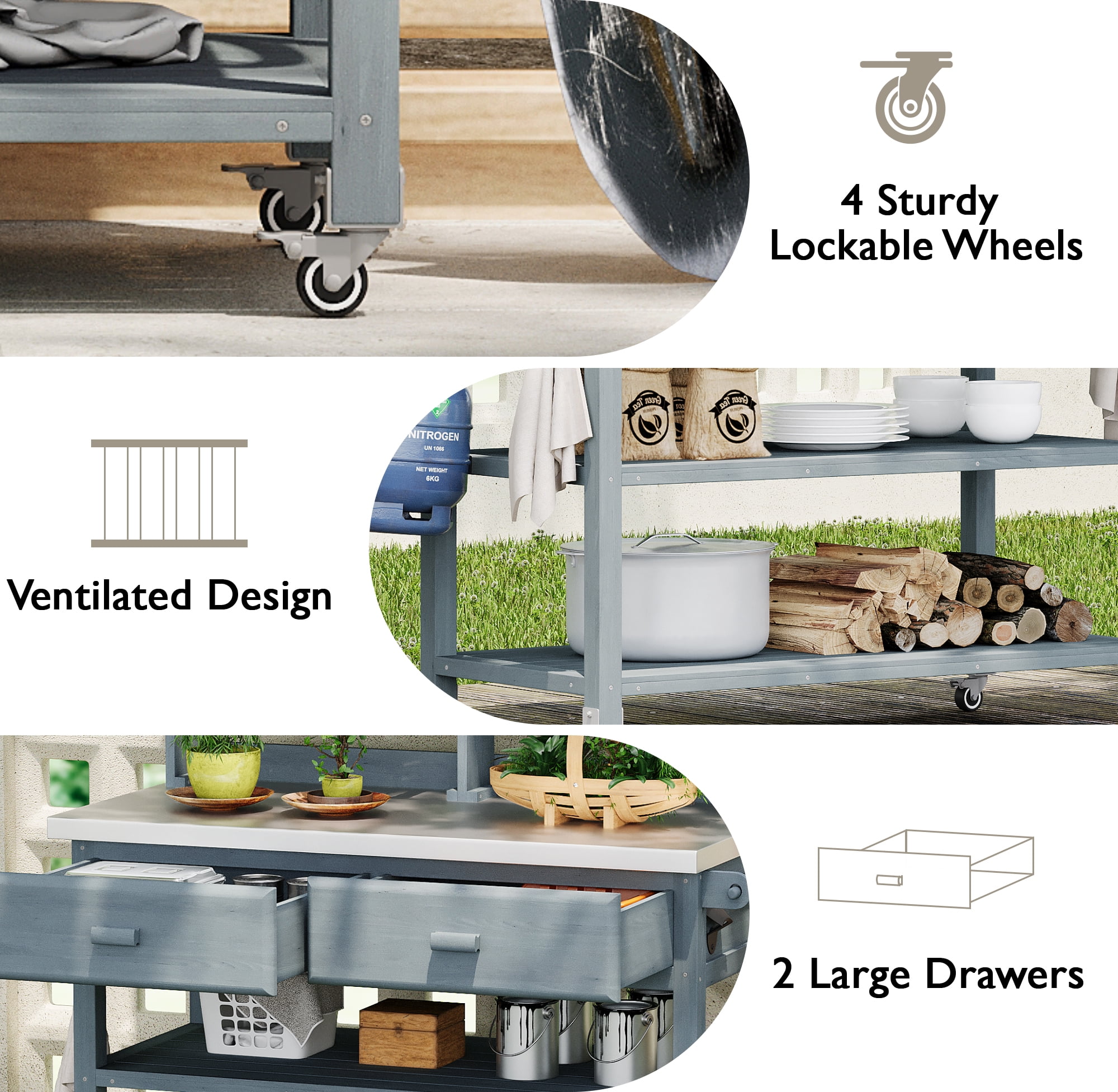Outdoor Potting Bench Table 64.9 Inch H, Solid Wood Kitchen Station with Lockable Wheels for Grilling, Grey Blue