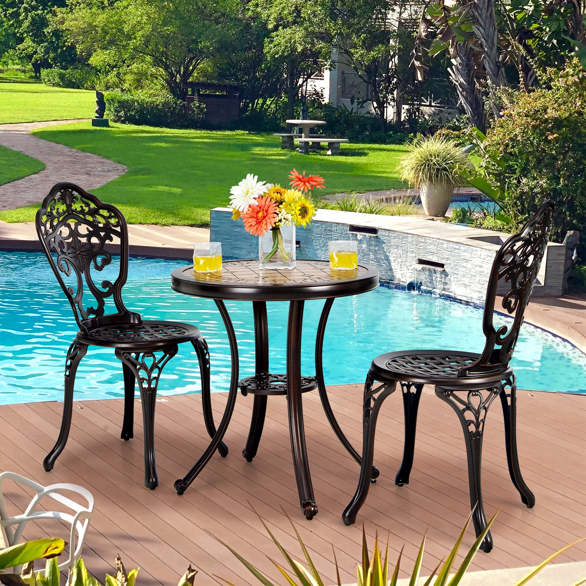 Gymax Fashion 3PCS Cast Aluminum Patio Bistro Set Outdoor Table & Chairs Furniture Set
