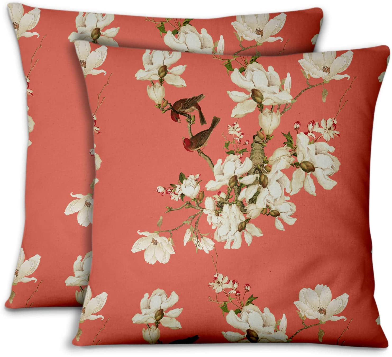 S4Sassy 2 Pcs White Cotton Poplin Square Cushion Cover Floral & Bird Pillow Case 
