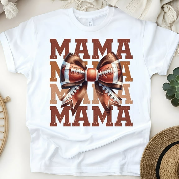 Football Mama T-Shirt | Cute Bow Game Day Graphic Tee for Moms, White, Size S