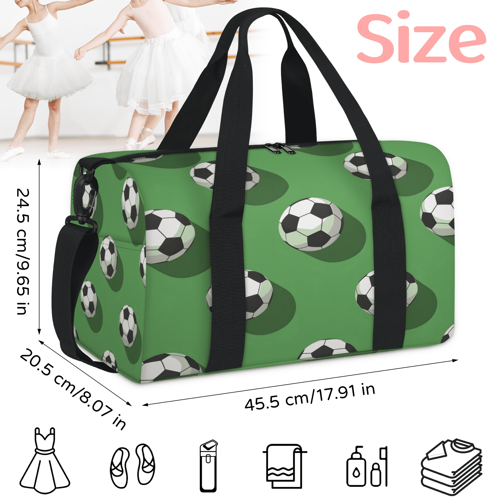 Herdesigns Soccer Ball Travel Duffle Bag Sports Yoga Weekender Overnight Carry on Workout Bags Lightweight Waterproof Gym Tote Bag for Women