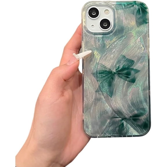 Designed for iPhone Case,Luxury Bow Pearl Shell Pattern Shockproof Protective Cover Phone Case (iPhone 14 Pro Max,Green)