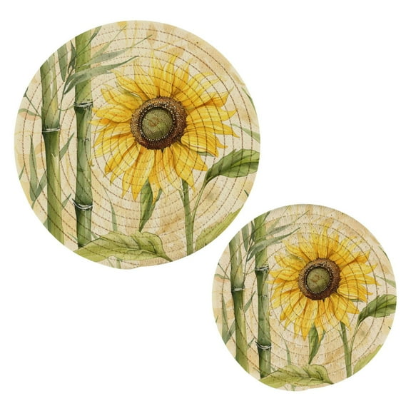 Sunflower Bamboo Trivet Mats Pot Holders Cotton Woven Non-Slip Heat Resistant for Hot Pots Pans Pats for Cooking Baking Set of 2