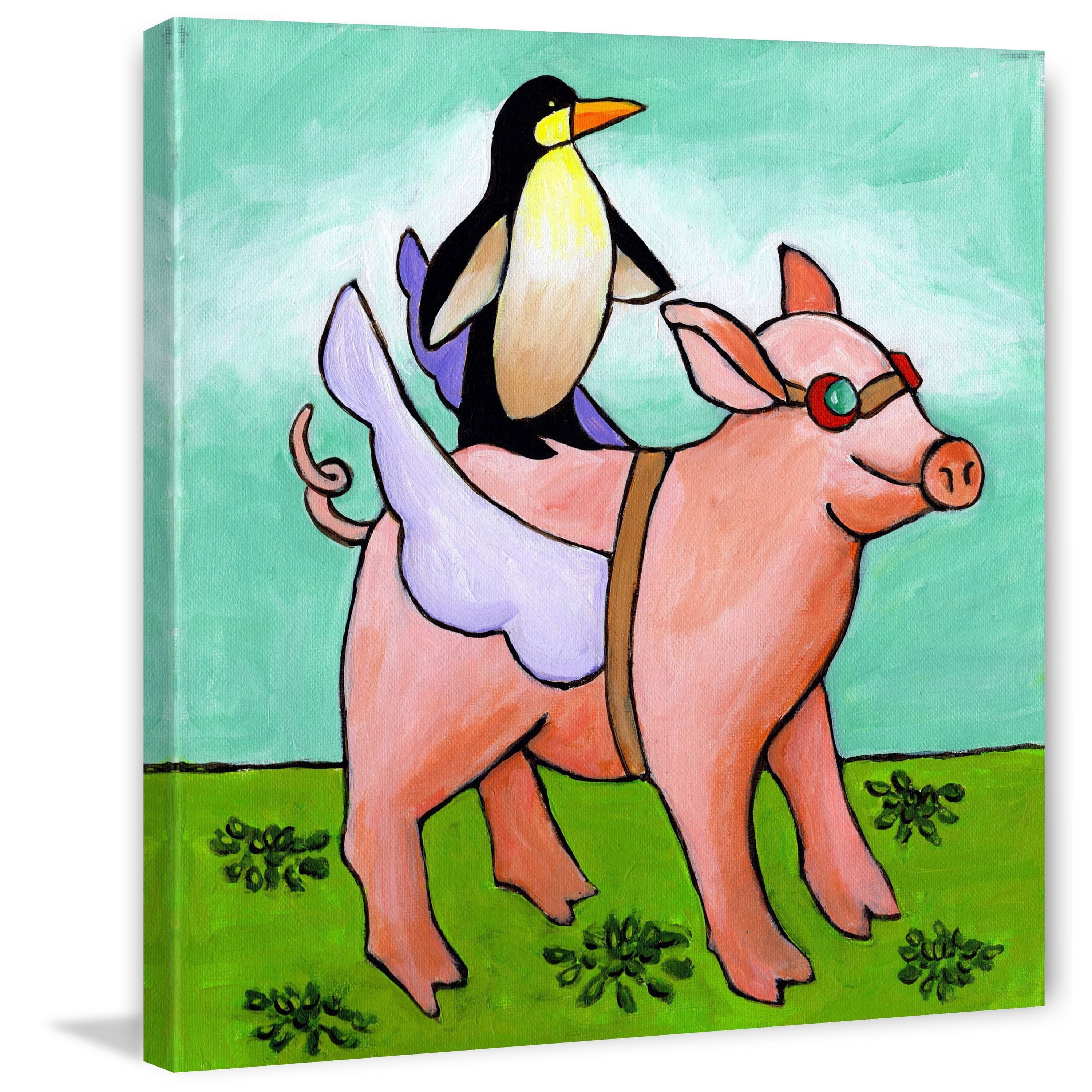 Marmont Hill - "Pig and Penguin" by Janet Nelson Painting Print on Wrapped Canvas