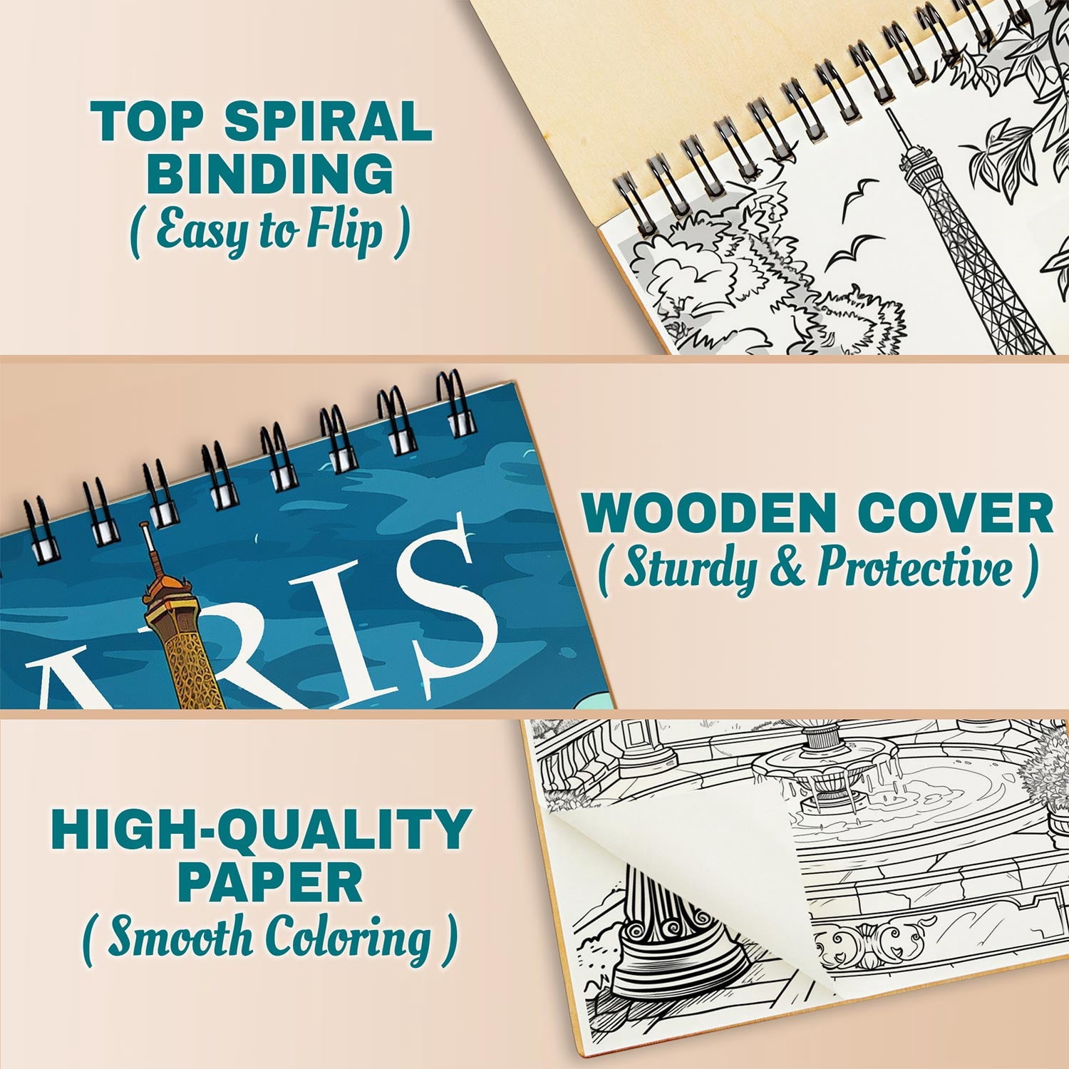 Netecom Paris Coloring Book Spiral Bound for Adults, A5 Wooden Cover, 30 Beautiful Coloring Pages of Iconic Landmarks and Beautiful City Landscape for Stress Relief and Relaxation