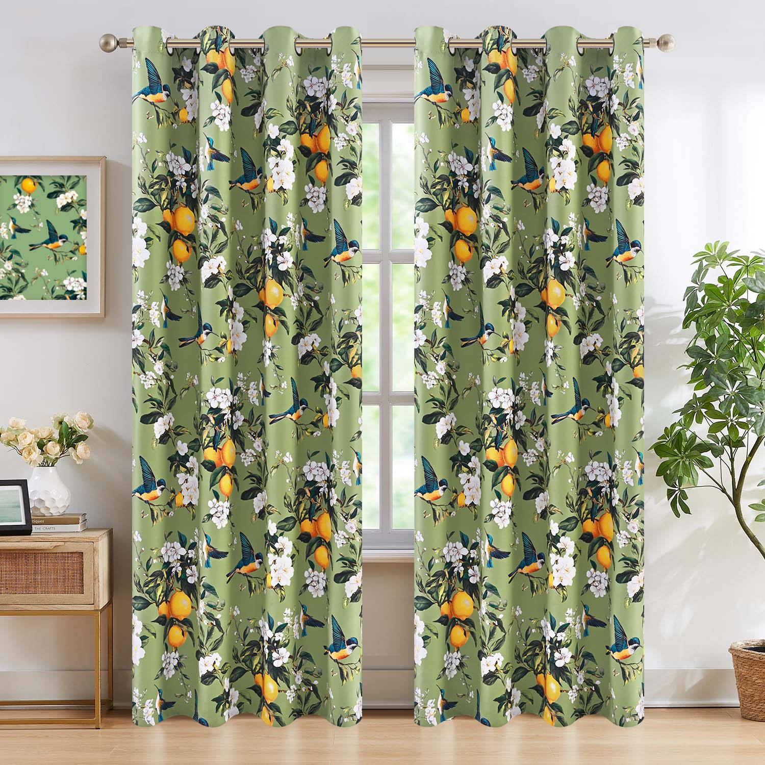 Alishomtll Floral Lemon Hummingbird Blackout Curtains Room Darkening Grommet Window Drapes for Living Room , 52" x84", ,Set of 2 Panels,Sage Green