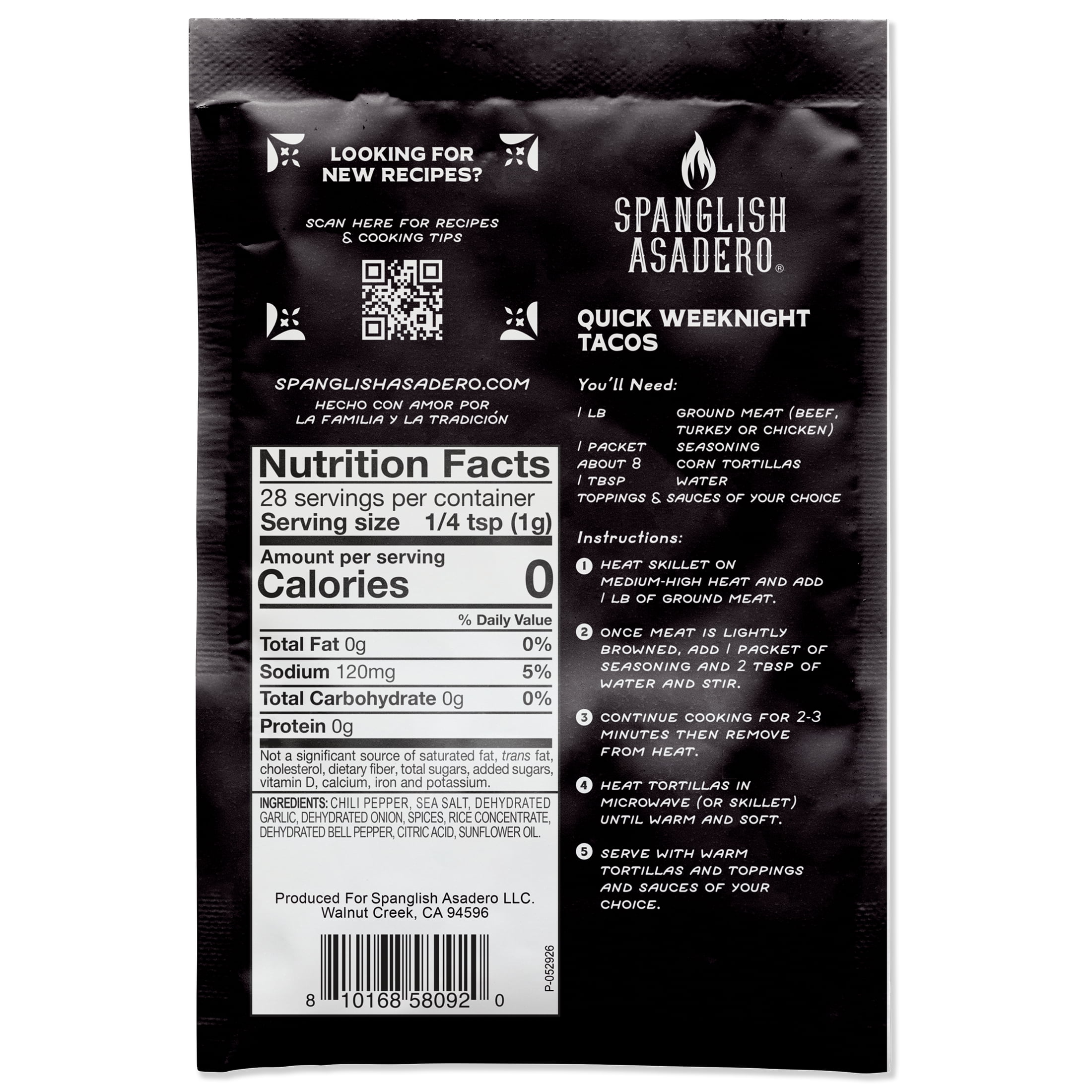 Spanglish Asadero Taco Seasoning with Chilis, Garlic, Spices & Sea Salt, 1 oz Packet