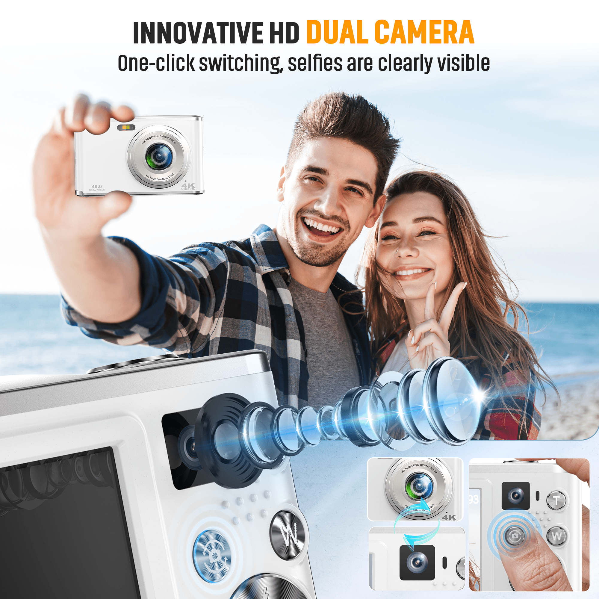 4K 48MP Vlogging Camera with 2.8" Screen, Autofocus & 16X Zoom, Front/Rear Cameras, 32GB TF Card Included, Portable for Travel (White)