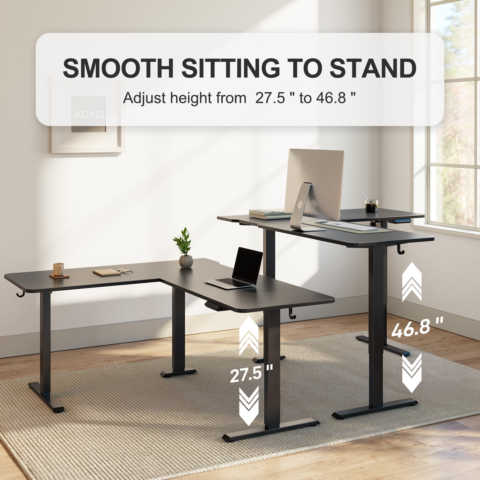DESINO L-Shaped Standing Desk Adjustable Height, 63 Inch Electric Stand up Corner Computer Desk, Sit Stand Home Office Desk with Splice Board, Black