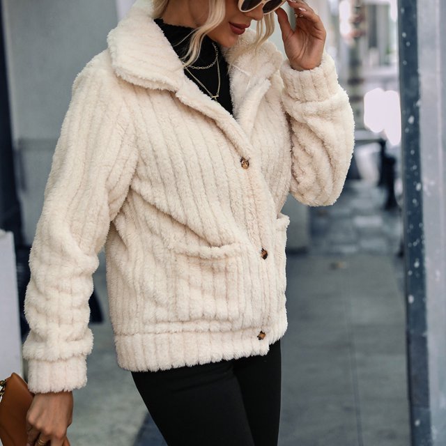 Chaqueta de forro polar para mujer abrigo de forro polar de invierno con botones sin planchado a rayas reversible para exteriores para ir de compras ANGGREK Otros