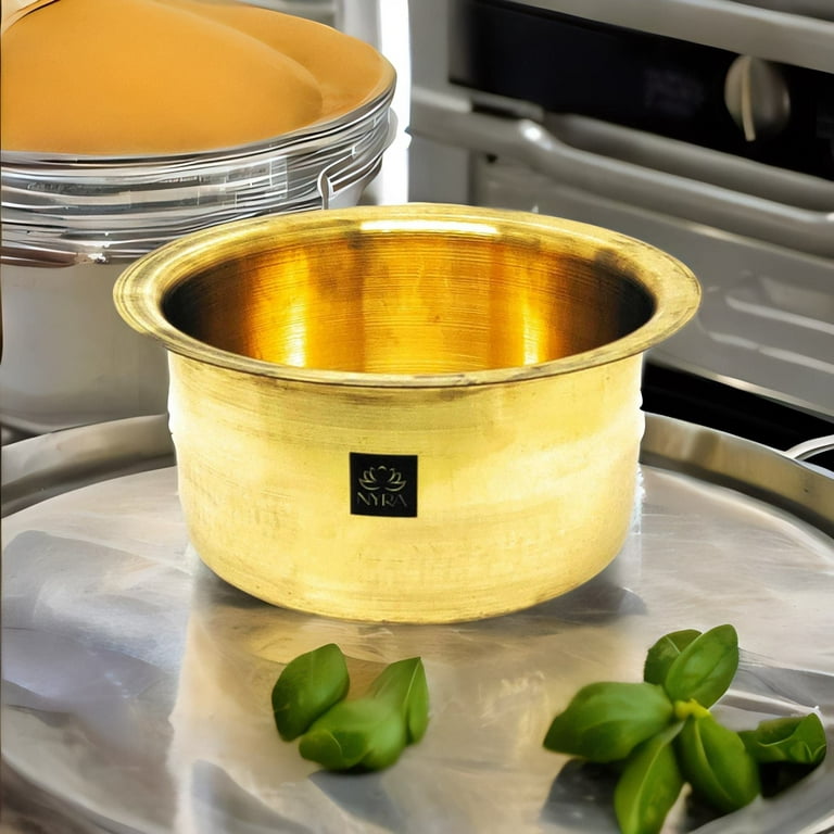 Nyra® Pure Brass/Peetal Round Heavy Bottom  Tapeli/Patila/Tope/Topia/Bhagona, Glossy Finish Brass Cookware Pot, Golden  (2 Ltr) 