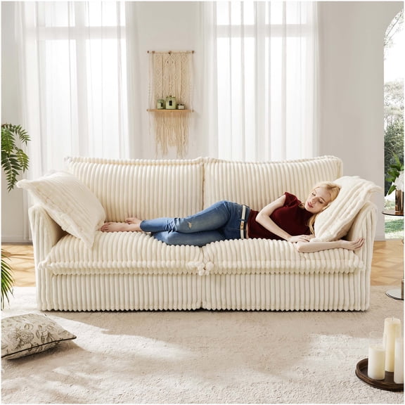 Cream Corduroy 2-Seater Sofa with Removable Cover, Modern Upholstered Small Couch for Living Room, Apartment Friendly Deep Seat Comfortable Sofa