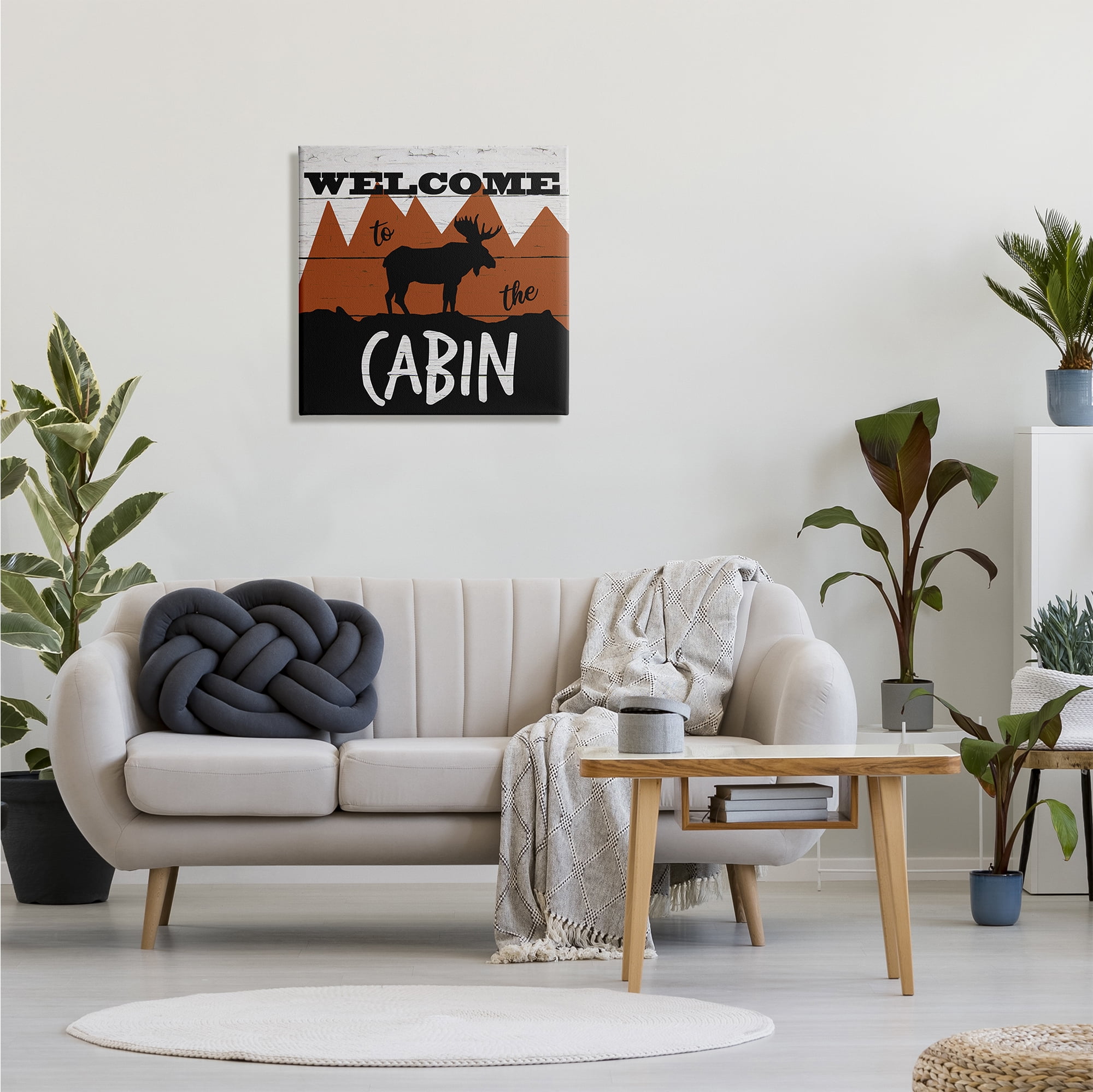 Stupell Industries Welcome To Cabin Phrase Rustic Moose Orange Mountains Animals & Insects Painting Gallery Wrapped Canvas Print Wall Art, 24 x 24