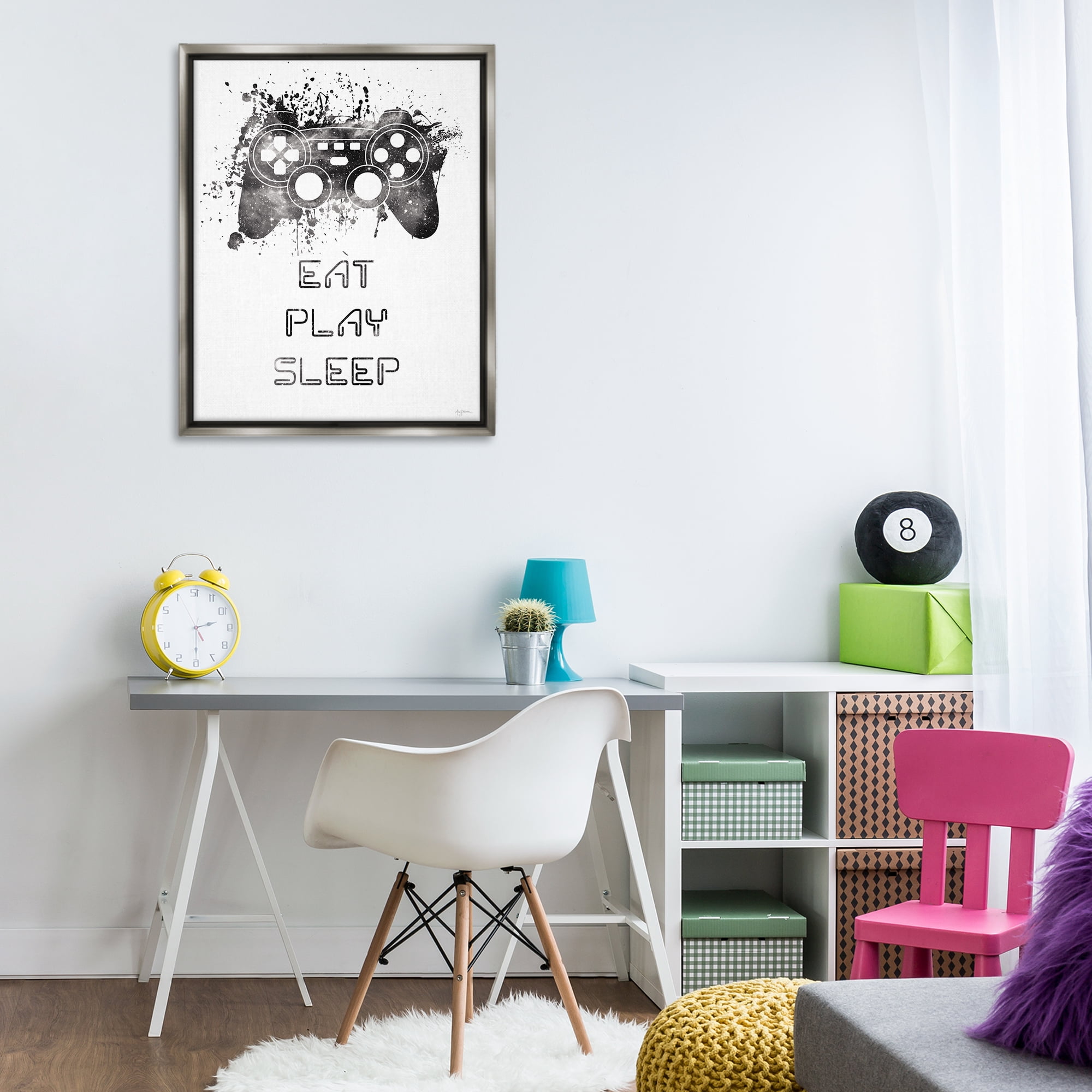 Stupell Industries Eat Play Sleep Gaming Typography Painting Gray Floater Framed Art Print Wall Art, 25 x 31