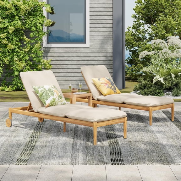 Olurrisa Outdoor Acacia Wood Chaise Lounge Set of 2 with Wheels, Beige Cushion & Light Teak Frame for Patio Poolside