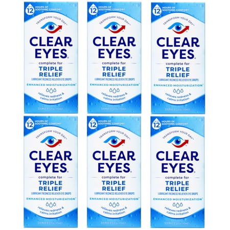 Clear Eyes Triple Relief Eye Drops, Relieves Redness & Calms Irritation, 0.5 Fl Oz - 6 Pack