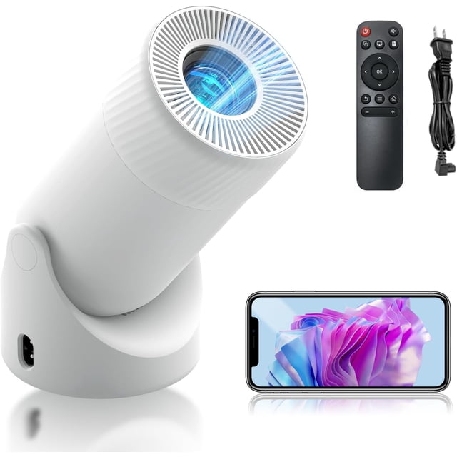 aoc proyector portátil wifi y bluetooth, 4k full hd, rotación de 180°, 8000 lúmen, 220 ansi, corrección trapezoidal, para portátil — proyector cilíndrico blanco en vista 3/4 frontal con lente giratoria hacia arriba, rejilla de ventilación y base articulada con puerto de alimentación; aparece control remoto y cable; soporta corrección automática de keystone, enfoque manual y compatibilidad 4K/HDR; a menudo usado para presentaciones portátiles y cine en casa.