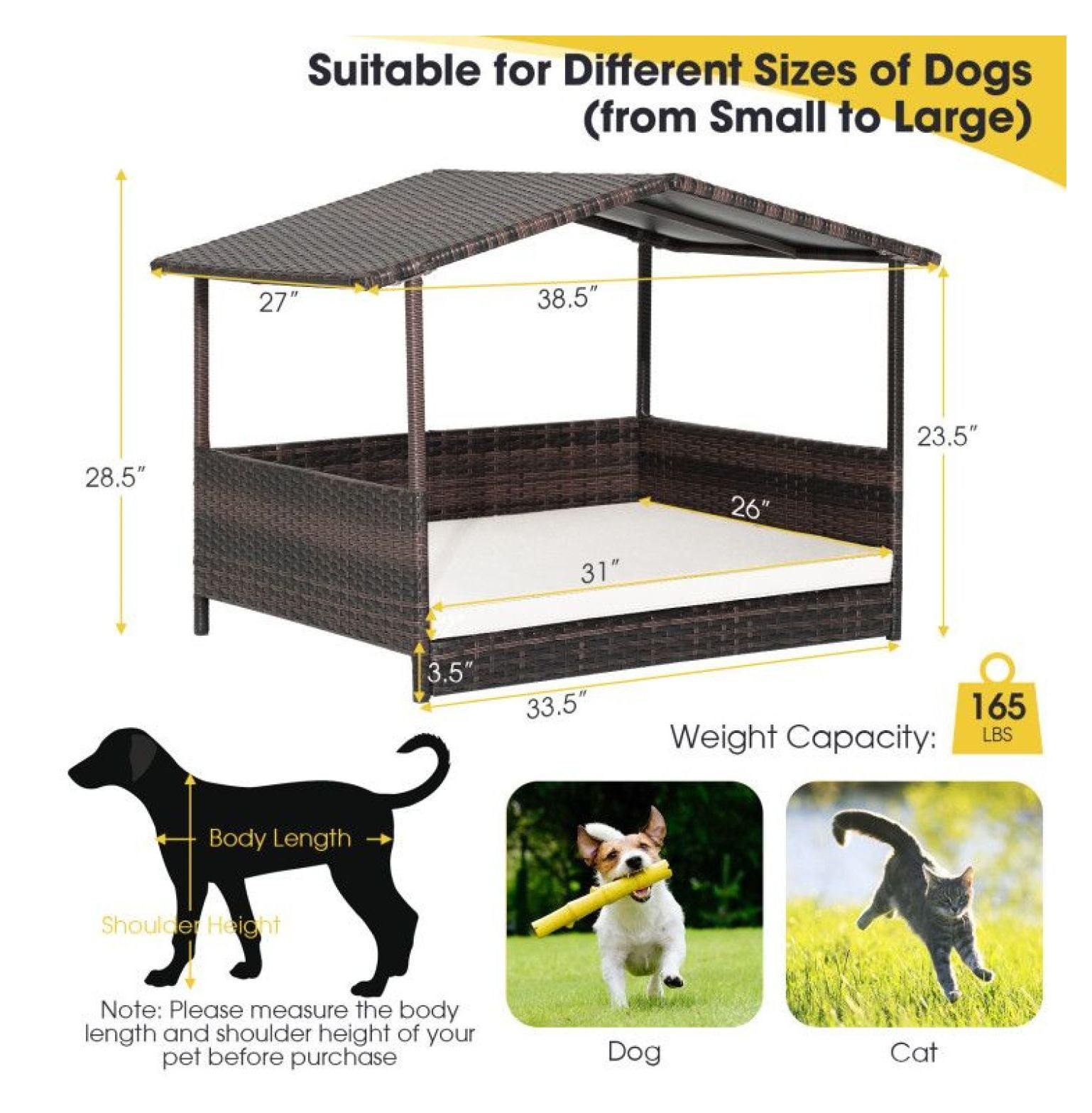 Wicker Dog House Outdoor Indoor, Weatherproof Rattan Dog Bed with Cushion - Large Dog House for Yard, Porch, Living Room - Elevated Pet Bed