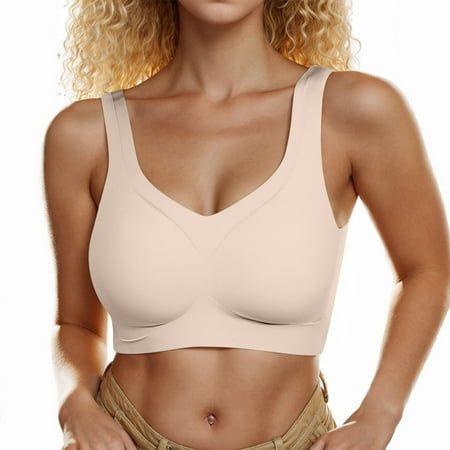 REORIAFEE Seamless Bras for Women Gathered Together Wirefree Bras Adjustable Straps Brassiere Comfy Wide Strap Breathable Corset Underwear Comfortable Classic Support Lingerie Beige XXL