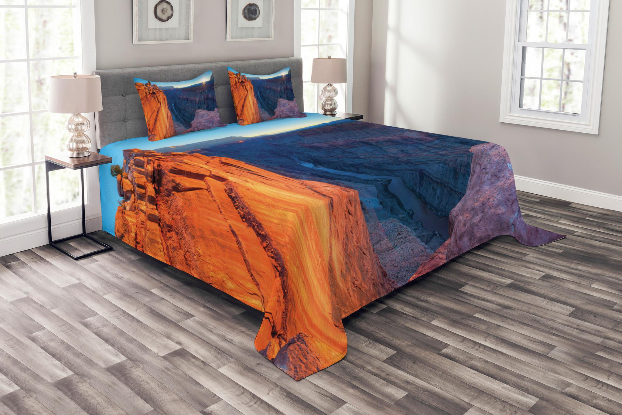 American Quilted Bedspread & Pillow Shams Set Grand Canyon Sunrise Print 