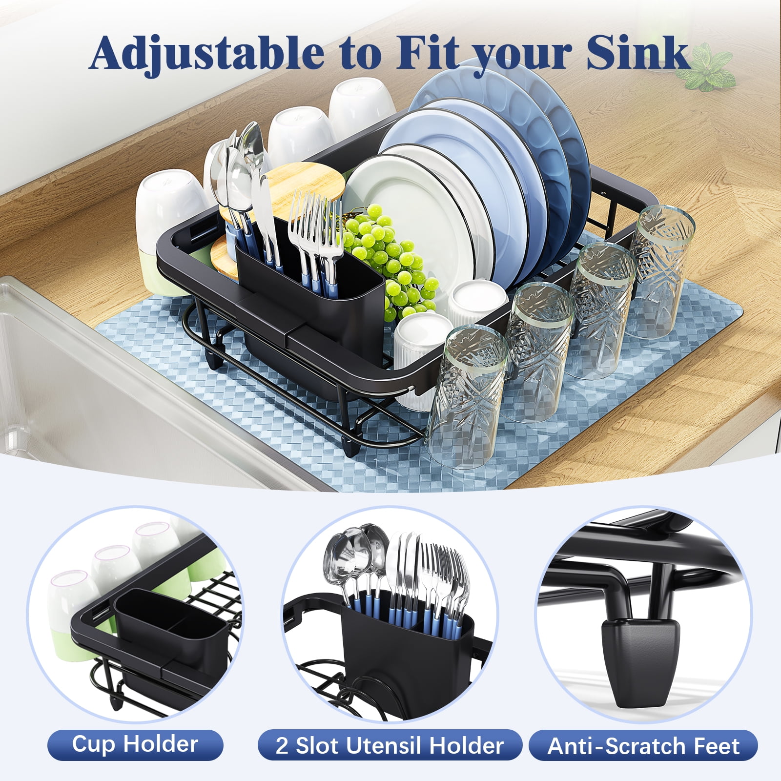 BEHERZT Expandable in Sink Dish Drying Rack, Adjustable Dish Rack Over Sink,Rustproof Dish Drainer for Kitchen Counter