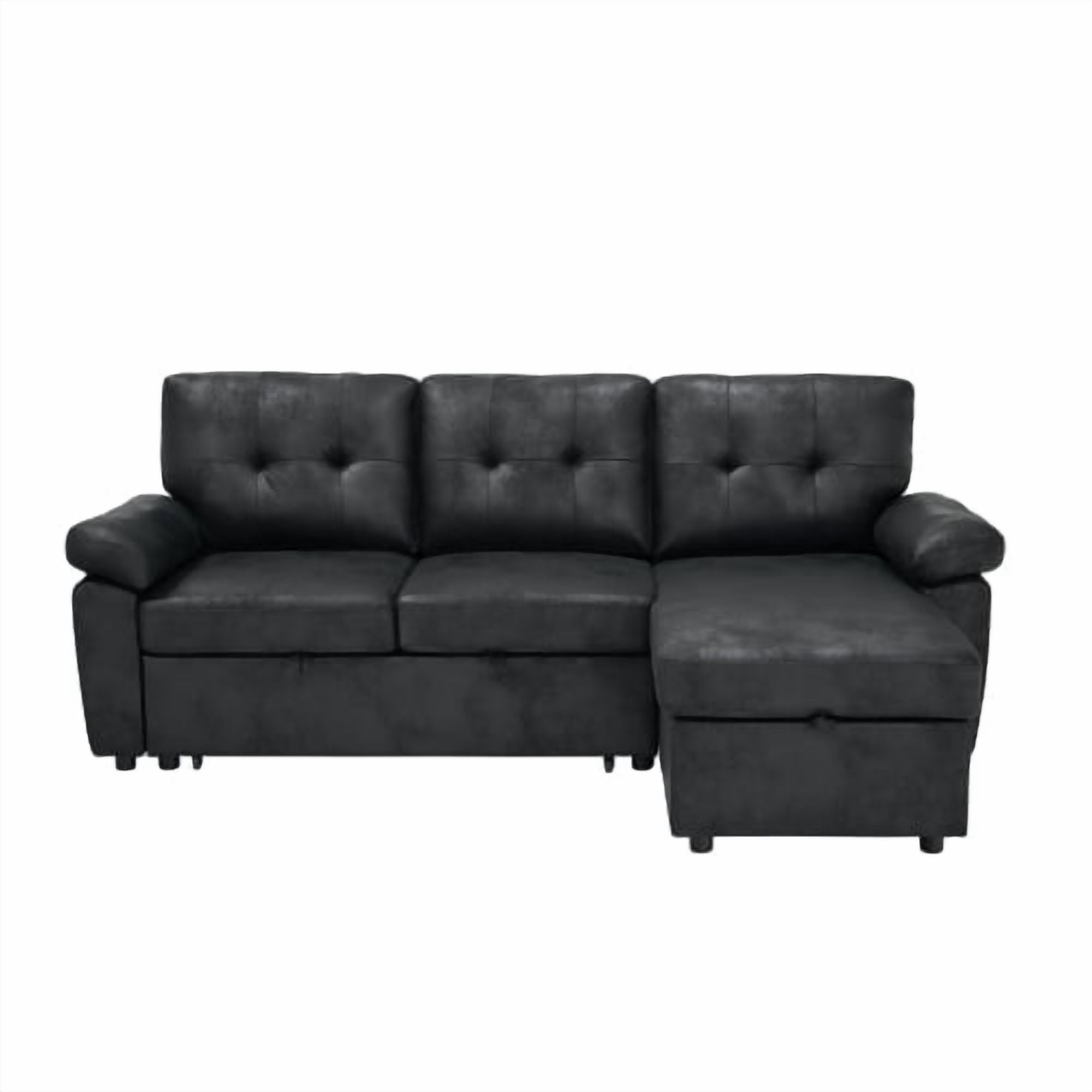 88.5" Convertible L-Shaped Pull-Out Sectional Sofa Bed with Storage Chaise & Soft Padded Armrests, Foil Fabric Upholstery, Black
