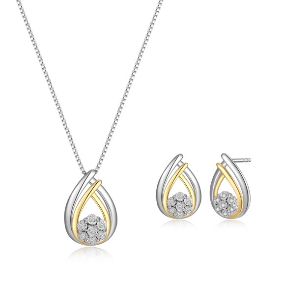 Forever Facets 1/10 cttw Diamond Teardrop Earring and Pendant Set in Two-Tone Sterling Silver, Adult Female