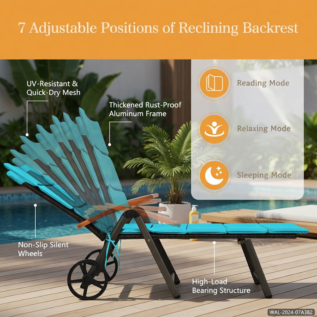 Hommoo Adjustable Outdoor Chaise Lounge Chair with PE Rattan & Cushion, Foldable, Wheeled, Turquoise