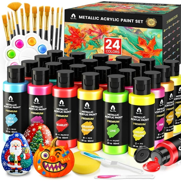 40 Pcs Metallic Acrylic Paint Set with 12 Brushes, 2 Knives & Palette, 24 Colors (2oz/60ml) - for Adults, Kids, Artists & Beginners - Canvas Ceramic Rock Wood Pumpkin Painting Kit
