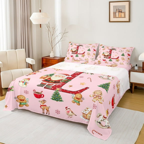 Manfei Christmas Monogrammed L Twin Sheet Sets for Kids, Xmas Tree Reindeer Twin Fitted Sheet, Funny Santa Claus Flat Sheet, Breathable Home Decor, 3-Piece