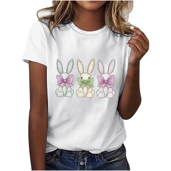 successthop Easter Shirts for Women Bunny Casual Short Sleeve Holiday T Shirts Crewneck Shirts Spring Vacation Top S