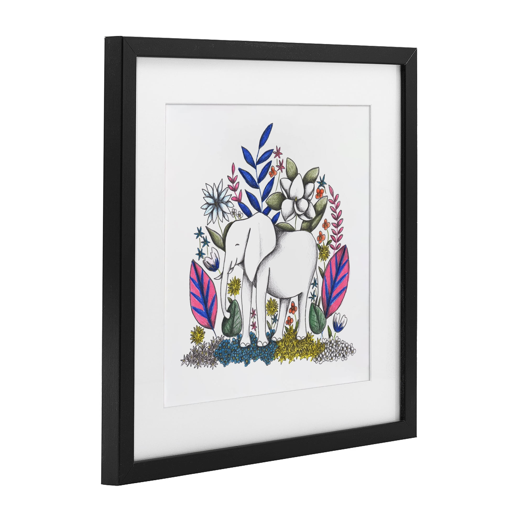 Elephant in Midst of Flowers Black Framed Print Under Glass, design by Cecilia Battaini