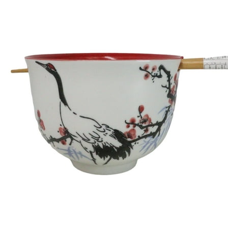 Japanese Crane On Cherry Blossoms Ceramic Donburi Ramen Bowl With Chopsticks Set